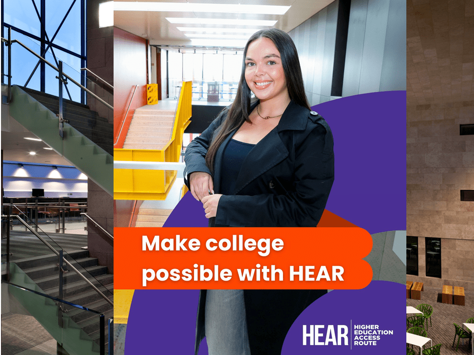 smiling person with text Make College Possible with HEAR