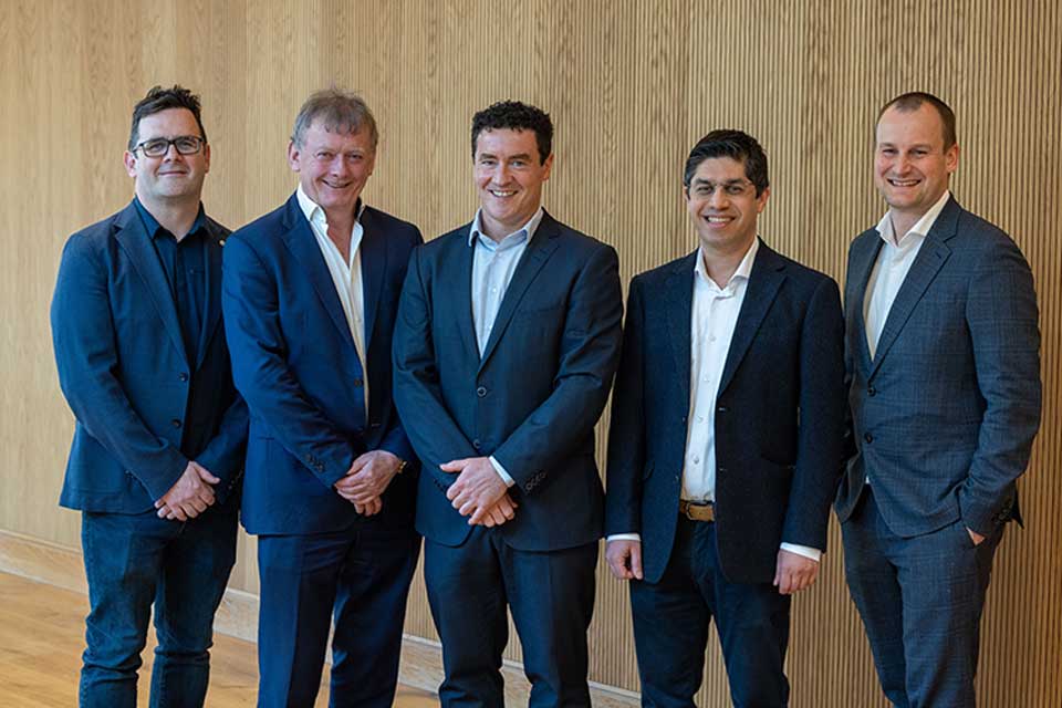 The LaNua Medical team: Denis Nolan, CTO; Tom Fitzmaurice, CEO; Dr Cormac Farrelly, CMO; Dr Sajjad Amiri, co-founder; and Dr Eoin O'Cearbhail, co-founder Credit - Paul Sharp/Sharppix