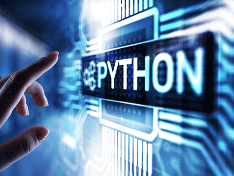 Python high-level programing language. Application and web development concept on virtual screen.