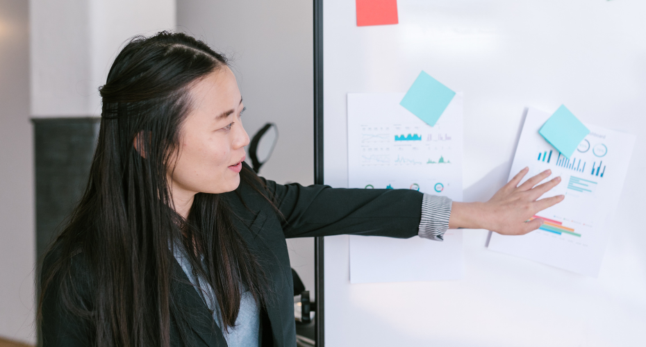 Woman presenting a number of charts and graphs at a whiteboard