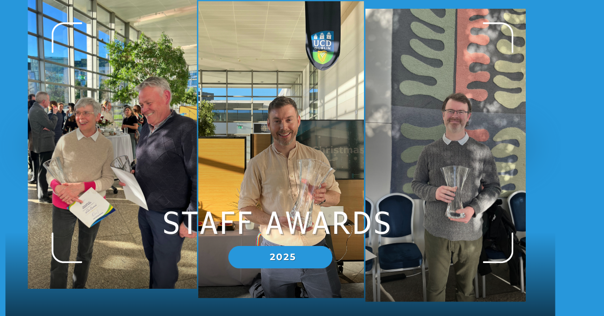 A three-panel collage showing recipients of the UCD School of Veterinary Medicine Staff Awards 2025 holding glass awards during a bright indoor reception. Colleagues are seen smiling and conversing in a modern atrium setting. Text over the image reads “Staff Awards 2025,” with UCD branding visible at the top.