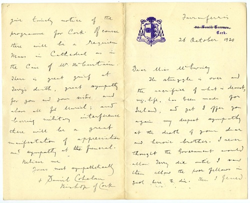 Handwritten letter across two pages with crest of Bishop of Cork