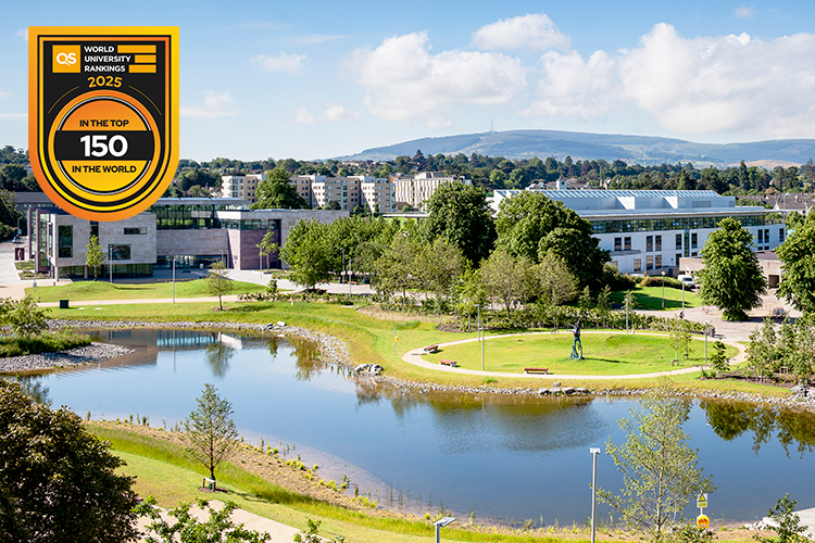QS Ranking 2025 logo over an image of the UCD lake.