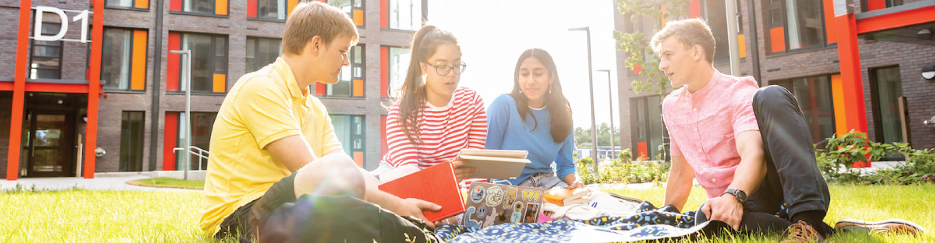 Group of international students outside in sunshine at new UCD student accommodation