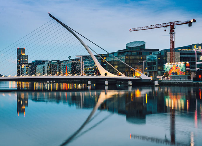 A bridge over a city river.