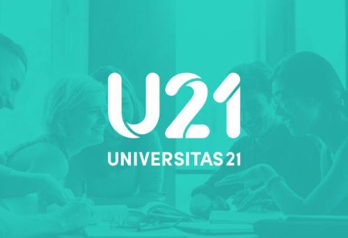 Universitas 21 (U21) logo over an image of students sitting together and smiling in discussion.