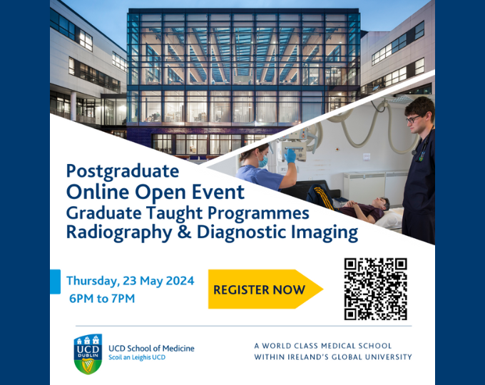 Flyer for 2024 Radiography Open Evening - key information and photo of health sciences building and students in radiography lab