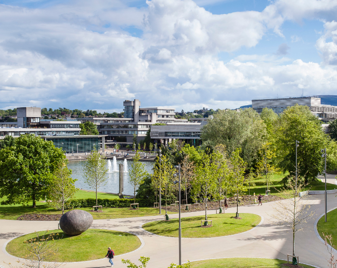 UCD Belfield campus, lake, walkway, campus buildings
