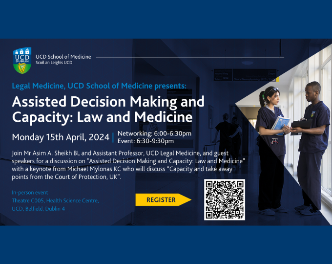 Legal medicine dark blue event promotion for event taking place April 15 2024