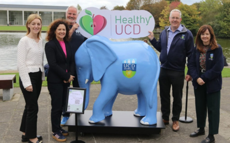 Group of people standing beside a blue model elephant in front of UCD lake