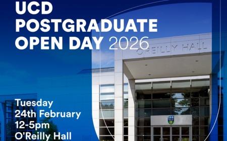 Image of UCD O'Reilly Hall on a blue background advertising UCD Postgraduate Open Day 2026