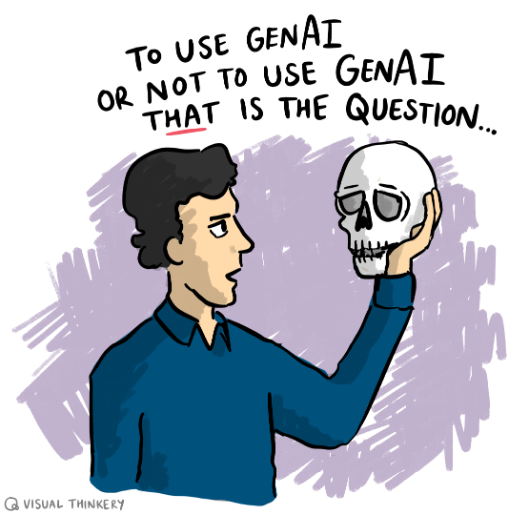 Cartoon image referencing Hamlet. A man holds a skull in his hand. The image is captioned 'To use or not to use, that is the question'.